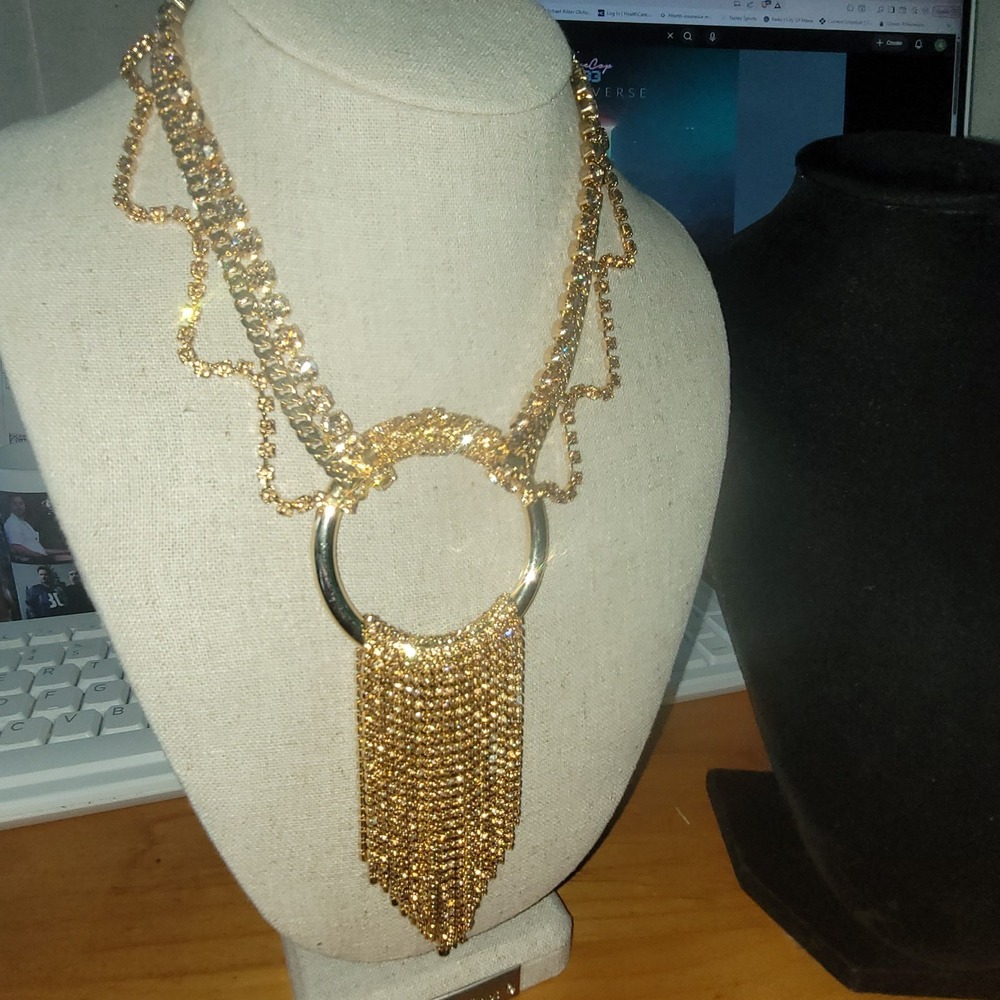 Vintage Gold Tone Rhinestone Fringe Tassel Statement Necklace 18in 79g